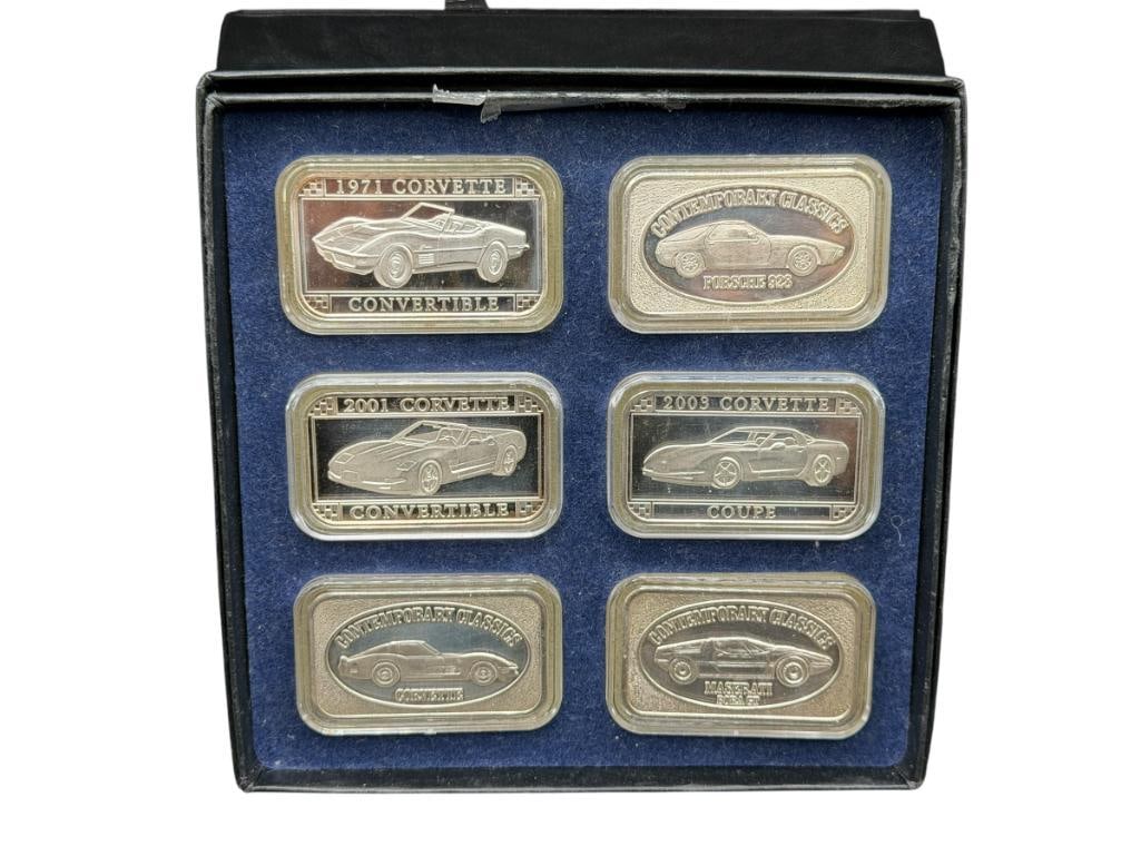 SIX COLLECTIBLE CONTEMPORARY CLASSICS AND GM CORVETTE DESIGNED .999 FINE SILVER BARS (1 of 10)