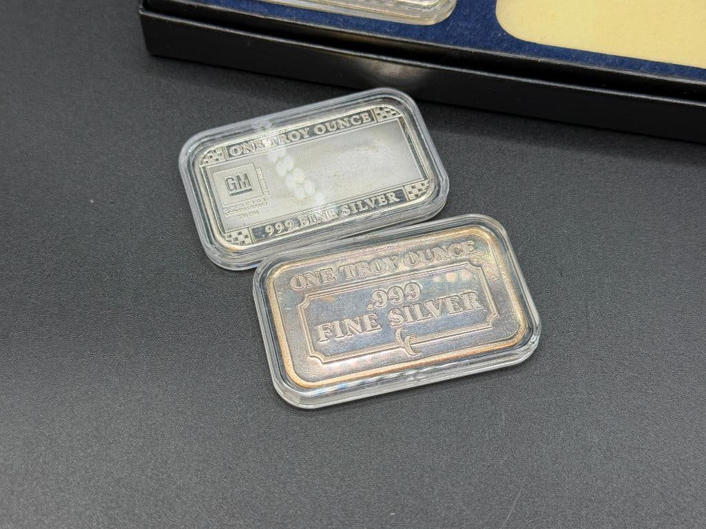 SIX COLLECTIBLE CONTEMPORARY CLASSICS AND GM CORVETTE DESIGNED .999 FINE SILVER BARS - 6
