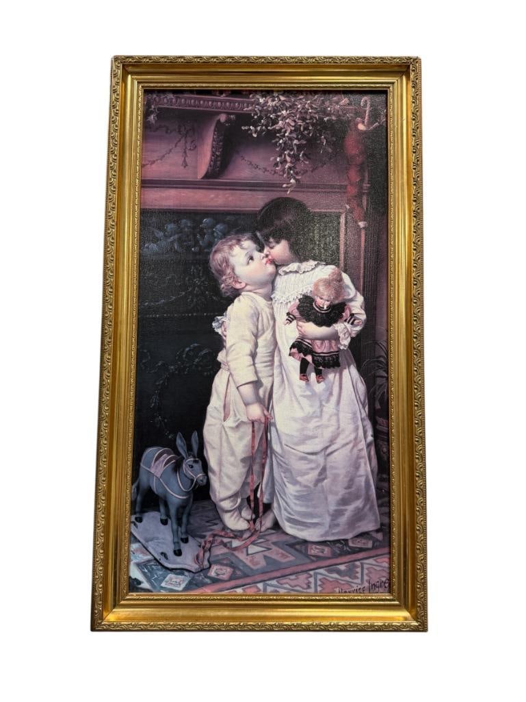 MAURICE INGRE PRINT ON CANVAS TITLED UNDER THE MISTLE TOE: ART DEPICTS YOUNG BOY AND GIRL KISSING NEAR FIREPLACE IN VICTORIAN STYLE SETTING, PLATE SIGNED LOWER RIGHT, FRAMED 18 1/2" X 33" FRAME