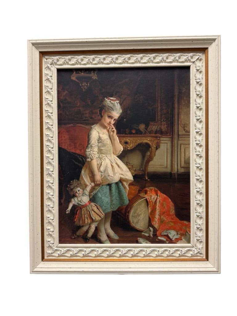 HENRI GUILLAUME SCHLESINGER FRENCH ARTIST PRINT ON CANVAS TITLED THE REPRIMAND / A LITTLE MISTAKE: ART DEPICTS YOUNG GIRL IN VICTORIAN ERA DRESS LOOKING DOWN IN REMORSE, FRAMED 22" X 27" FRAME