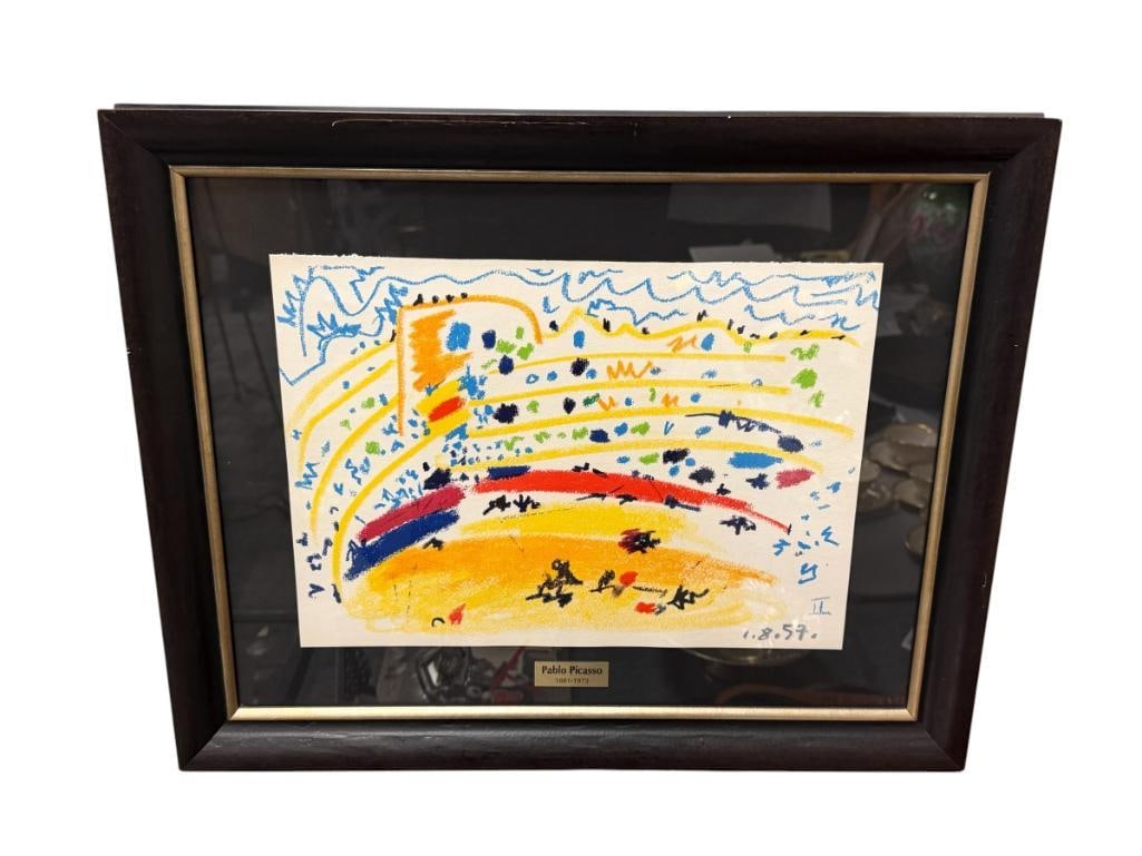 PABLO PICASSO PRINT TITLED LES ARENE FROM HIS 1961 PORTFOLIO TOROS Y TOREROS: PABLO PICASSO (1881-1973) WAS AN INFLUENCIAL SPANISH ARTIST OF THE 20TH CENTURY, KNOWN FOR CO-FOUNDING THE CUBIST MOVEMENT, ART DEPICTS VIBRANT ABSTRACT BULL FIGHTING SCENE, INCLUDES COPY OF A