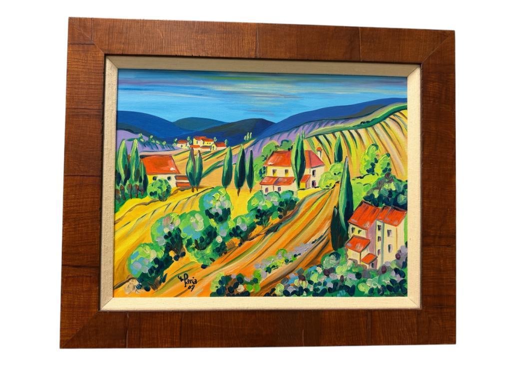 H. PARIA ORIGINAL ACRYLIC ON CANVAS PAINTING COUNTRYSIDE LANDSCAPE: VIBRANT ART DEPICTS COUNTRYSIDE VILLAGE WITH MOUNTAINS AND TALL TREES, SIGNED LOWER LEFT, DATED 2007, FRAMED 22 1/2" X 19" FRAME