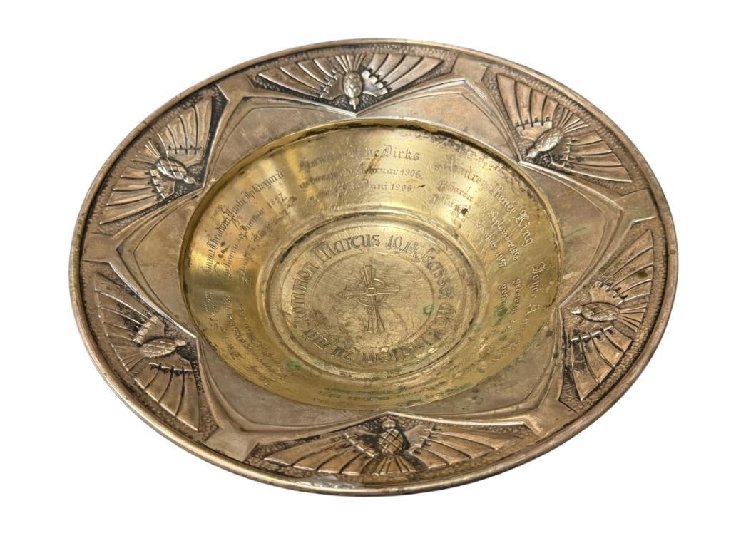 1930'S .800 SILVER ALMS DISH / BAPTISMAL BOWL WITH ENGRAVED GERMAN INSCRIPTIONS 344 GRAMS (1 of 7)