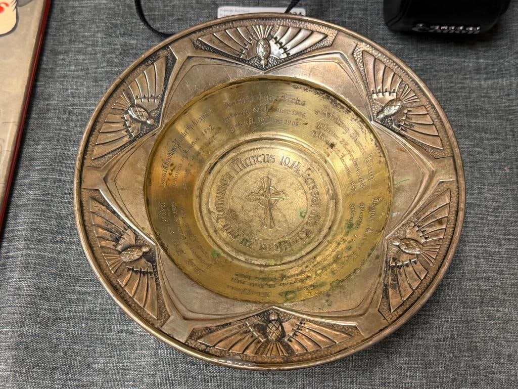 1930'S .800 SILVER ALMS DISH / BAPTISMAL BOWL WITH ENGRAVED GERMAN INSCRIPTIONS 344 GRAMS - 2