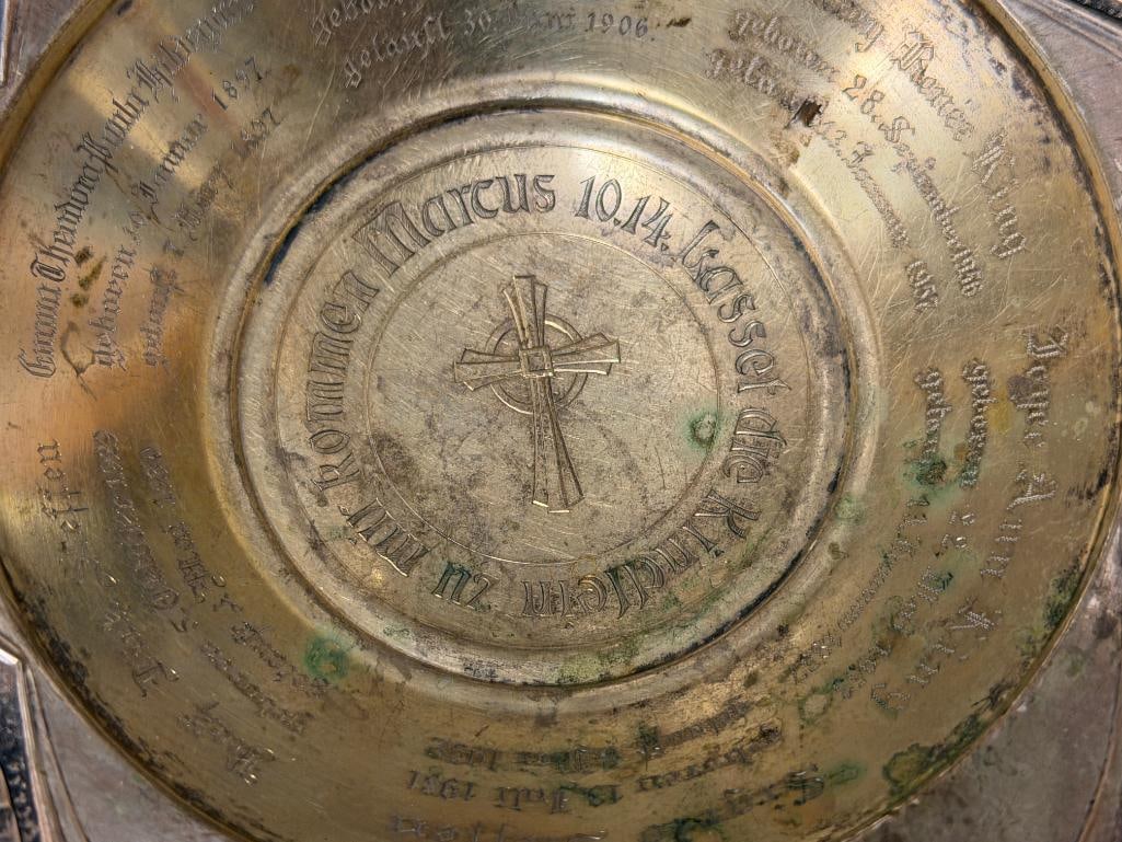 1930'S .800 SILVER ALMS DISH / BAPTISMAL BOWL WITH ENGRAVED GERMAN INSCRIPTIONS 344 GRAMS - 3