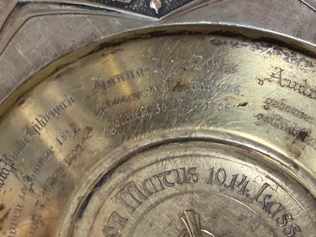 1930'S .800 SILVER ALMS DISH / BAPTISMAL BOWL WITH ENGRAVED GERMAN INSCRIPTIONS 344 GRAMS - 4