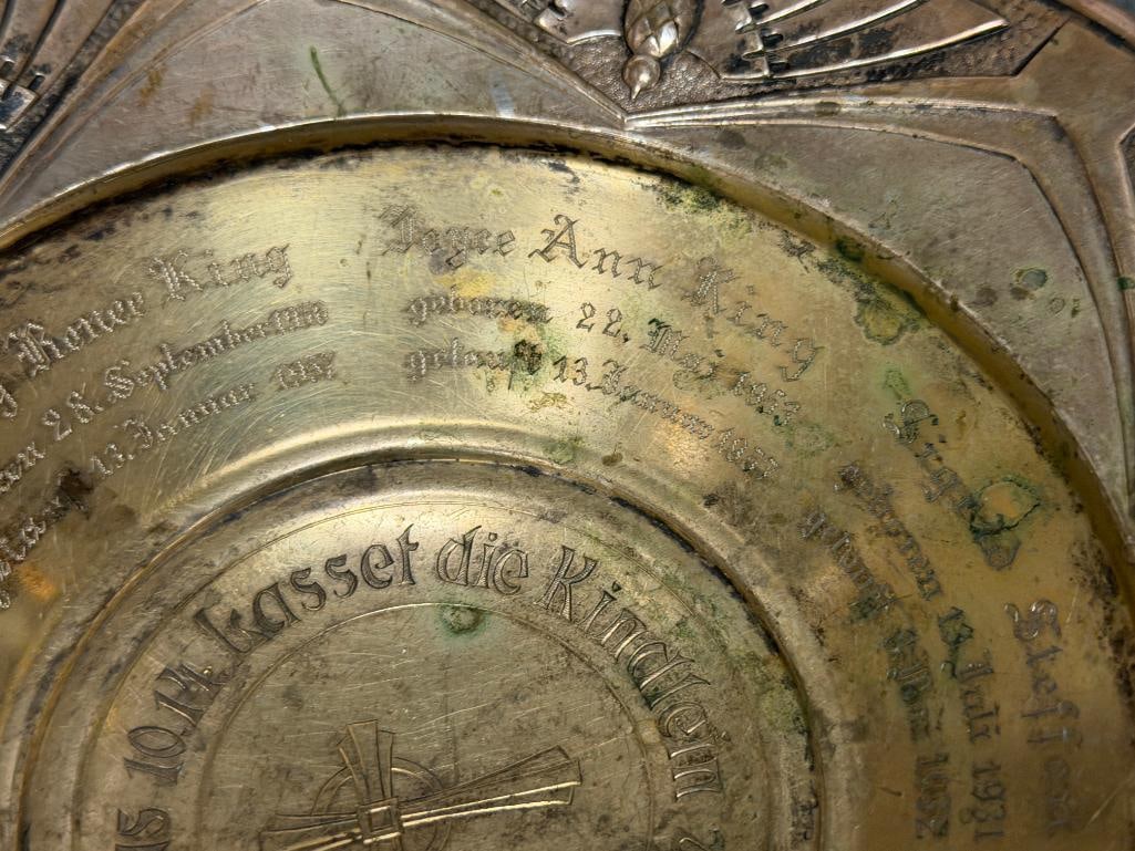 1930'S .800 SILVER ALMS DISH / BAPTISMAL BOWL WITH ENGRAVED GERMAN INSCRIPTIONS 344 GRAMS - 5