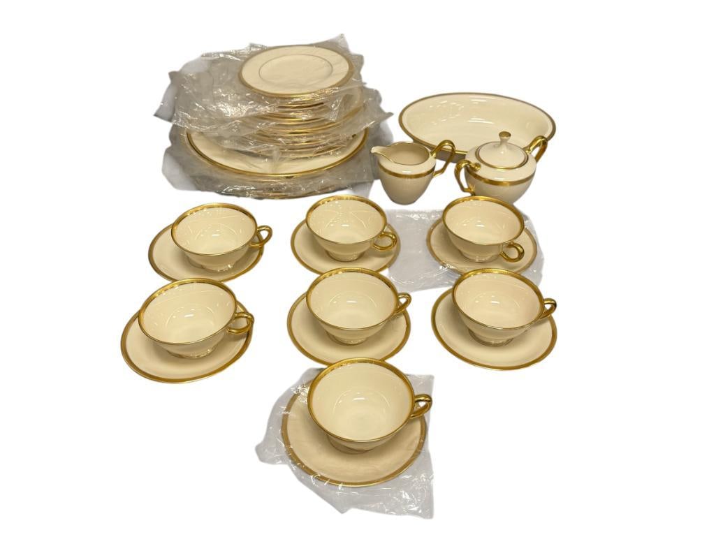 LENOX TUXEDO IVORY AND GOLD CHINA SET NO. J-33 COMPLETE FIVE PIECE SETTING FOR 7 WITH SERVING PIE...: INCLUDES SERVING BOWL, CREAMER AND SUGAR, LIKE-NEW CONDITION NO CHIPS OR CRACKS 