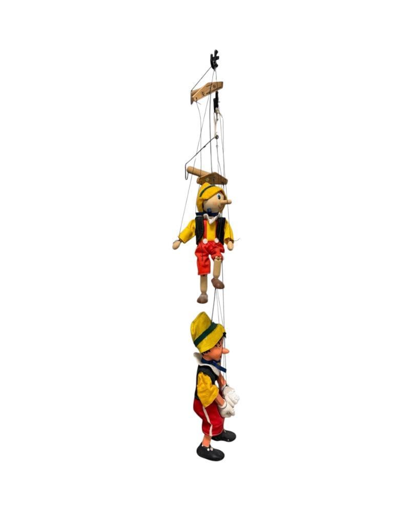MASEK AND HANZA HAND MADE PINOCCHIO MARIONETTE WOODEN PUPPETS: COMPLETE PUPPETS, WOODEN HANDLES ARE MARKED WITH MAKERS LABELS 9" AND 11" H
