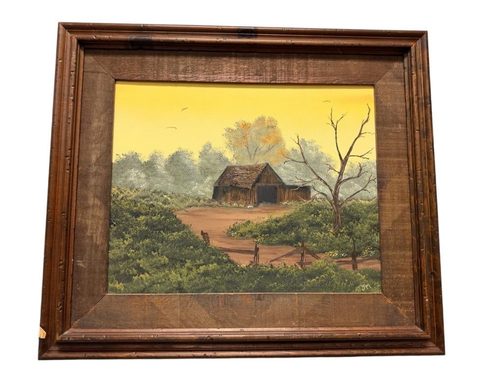 JEAN MACDOUGALL PRUET ORIGINAL OIL ON CANVAS PAINTING: ART DEPICTS OLD BARN SURROUNDED BY BRUSH AND MATURE TREES IN THE BACKGROUND, SIGNED LOWER RIGHT, FRAMED 29" X 24" FRAME