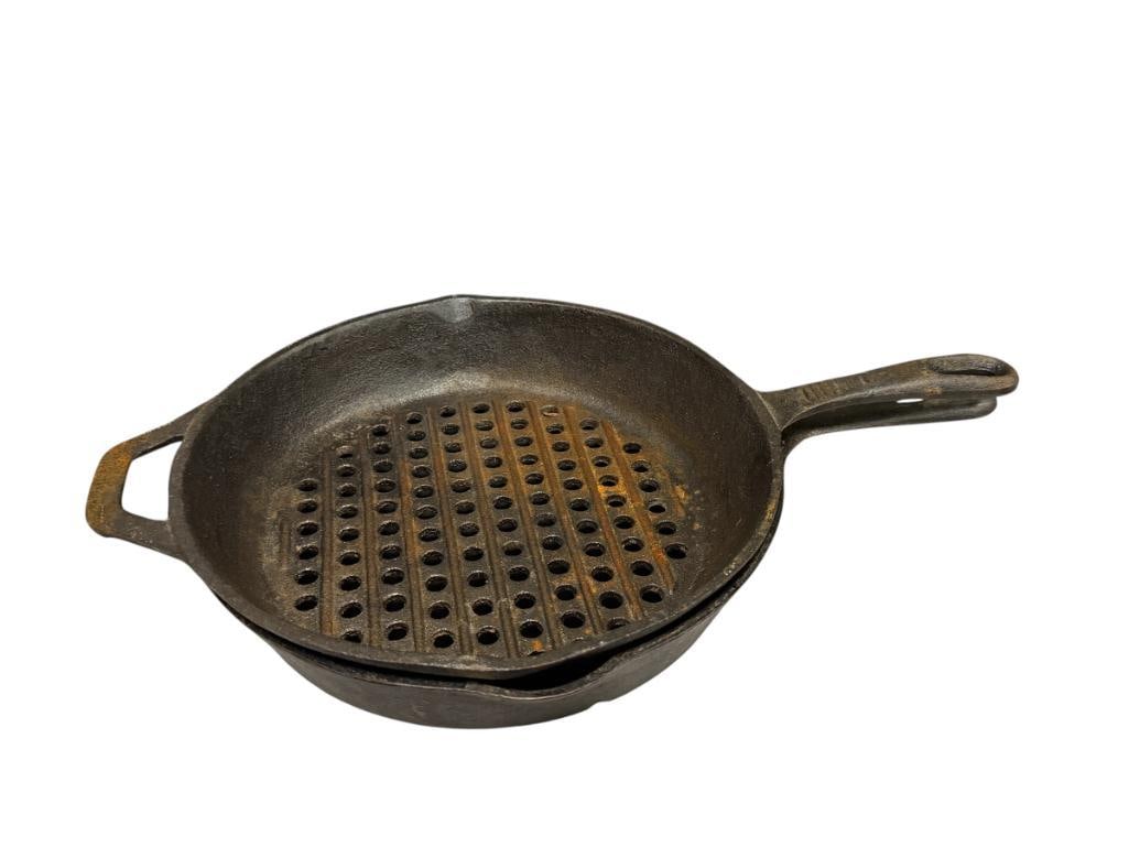 CAST IRON PERFORATED GRILL PAN AND ROUND SKILLET: BOTH MEASURE 10"