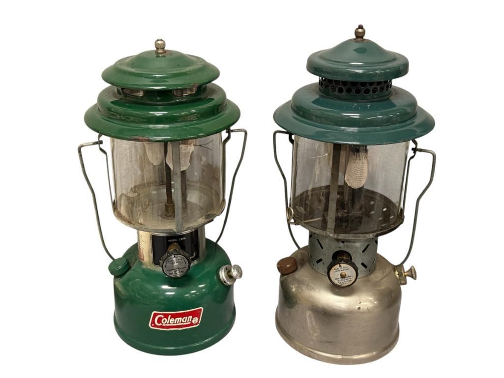 VINTAGE COLEMAN DOUBLE MANTLE LANTERNS MODEL 228D BIG HAT NICKEL BASE AND 220K (1 of 7)