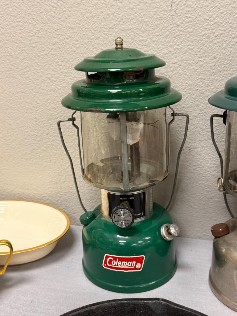 VINTAGE COLEMAN DOUBLE MANTLE LANTERNS MODEL 228D BIG HAT NICKEL BASE AND 220K - 2