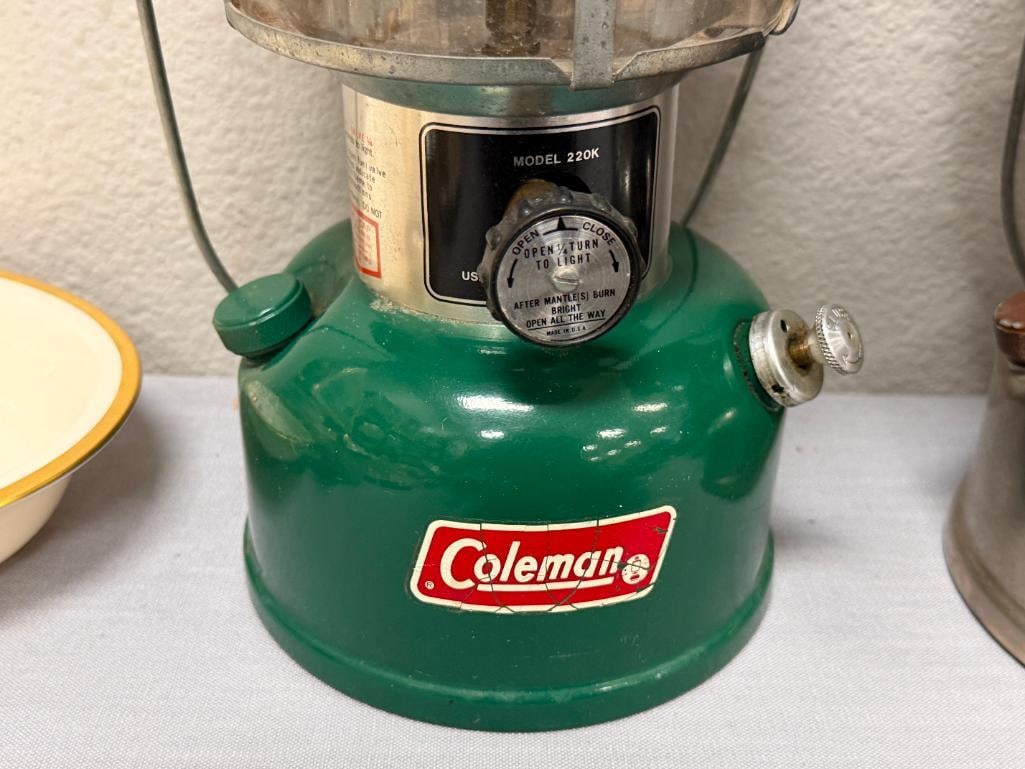 VINTAGE COLEMAN DOUBLE MANTLE LANTERNS MODEL 228D BIG HAT NICKEL BASE AND 220K - 3