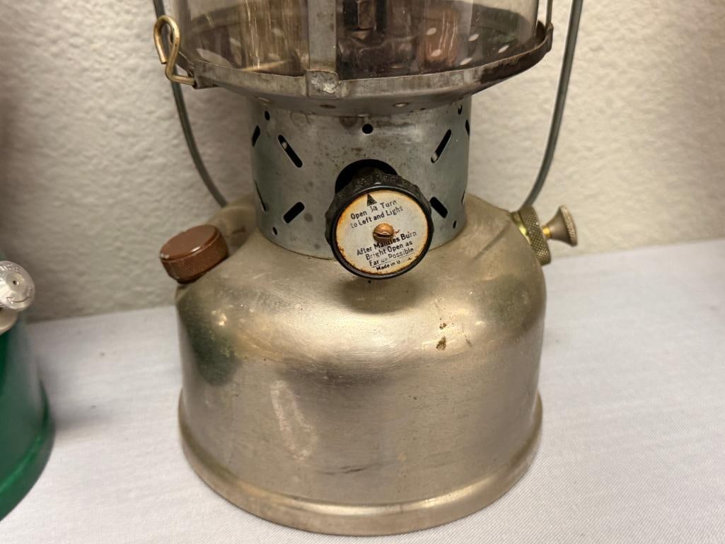 VINTAGE COLEMAN DOUBLE MANTLE LANTERNS MODEL 228D BIG HAT NICKEL BASE AND 220K - 4