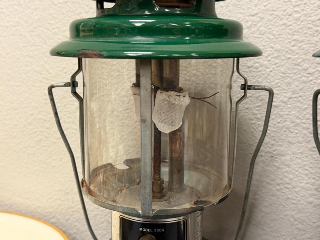 VINTAGE COLEMAN DOUBLE MANTLE LANTERNS MODEL 228D BIG HAT NICKEL BASE AND 220K - 7