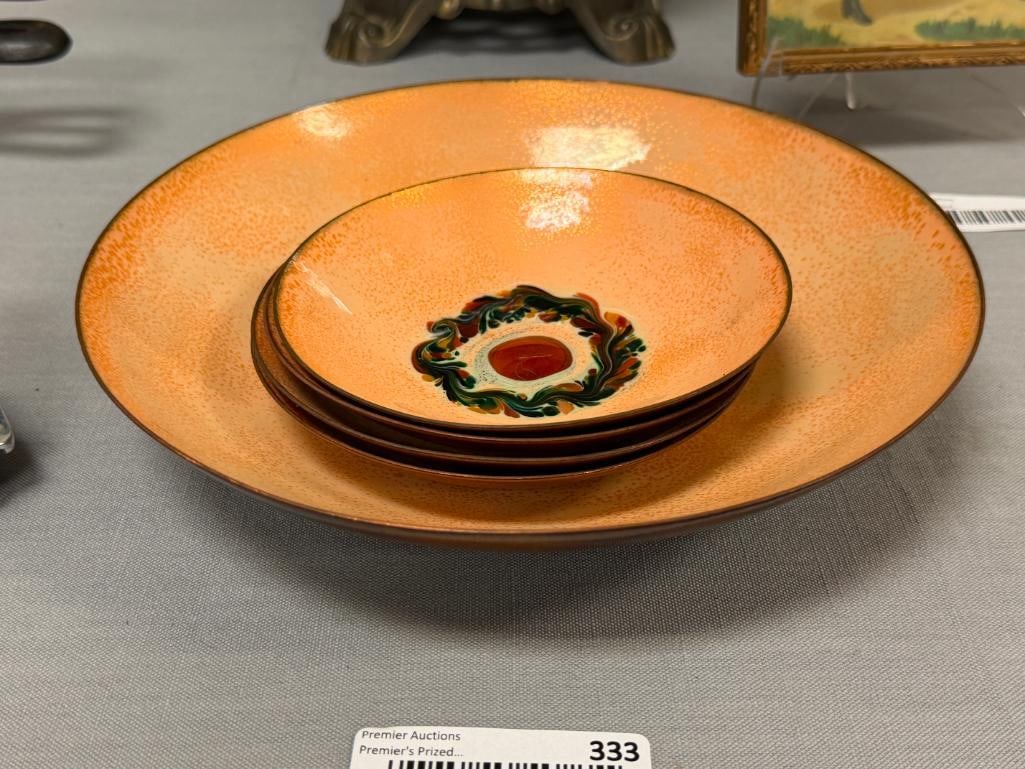 MID-CENTURY ENAMELED ON COPPER BOWL SERVING SET SIGNED BY THE ARTIST ROZ - 2