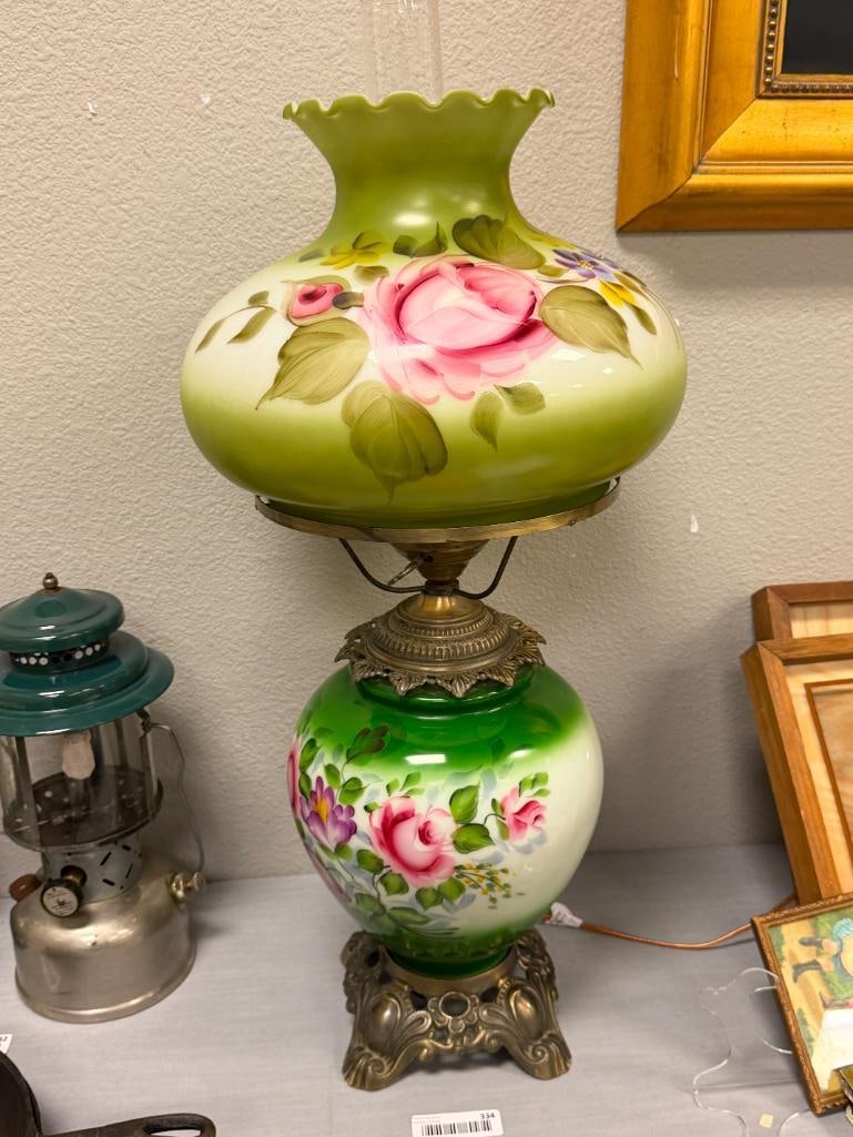VINTAGE GONE WITH THE WIND PARLOR LAMP HAND PAINTED SHADE AND FONT WITH DECORATIVE METAL BASE - 2