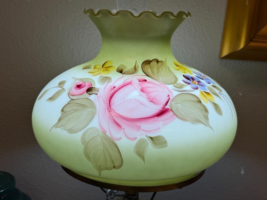 VINTAGE GONE WITH THE WIND PARLOR LAMP HAND PAINTED SHADE AND FONT WITH DECORATIVE METAL BASE - 3