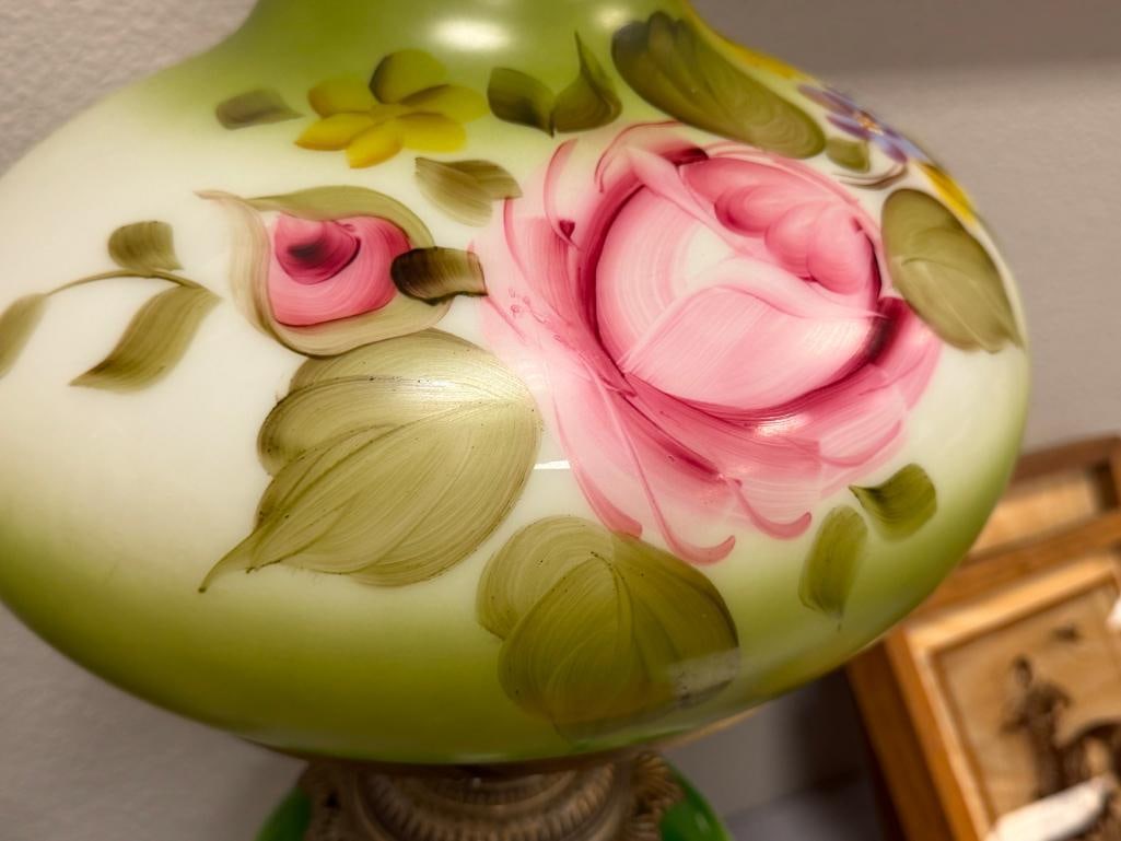 VINTAGE GONE WITH THE WIND PARLOR LAMP HAND PAINTED SHADE AND FONT WITH DECORATIVE METAL BASE - 6