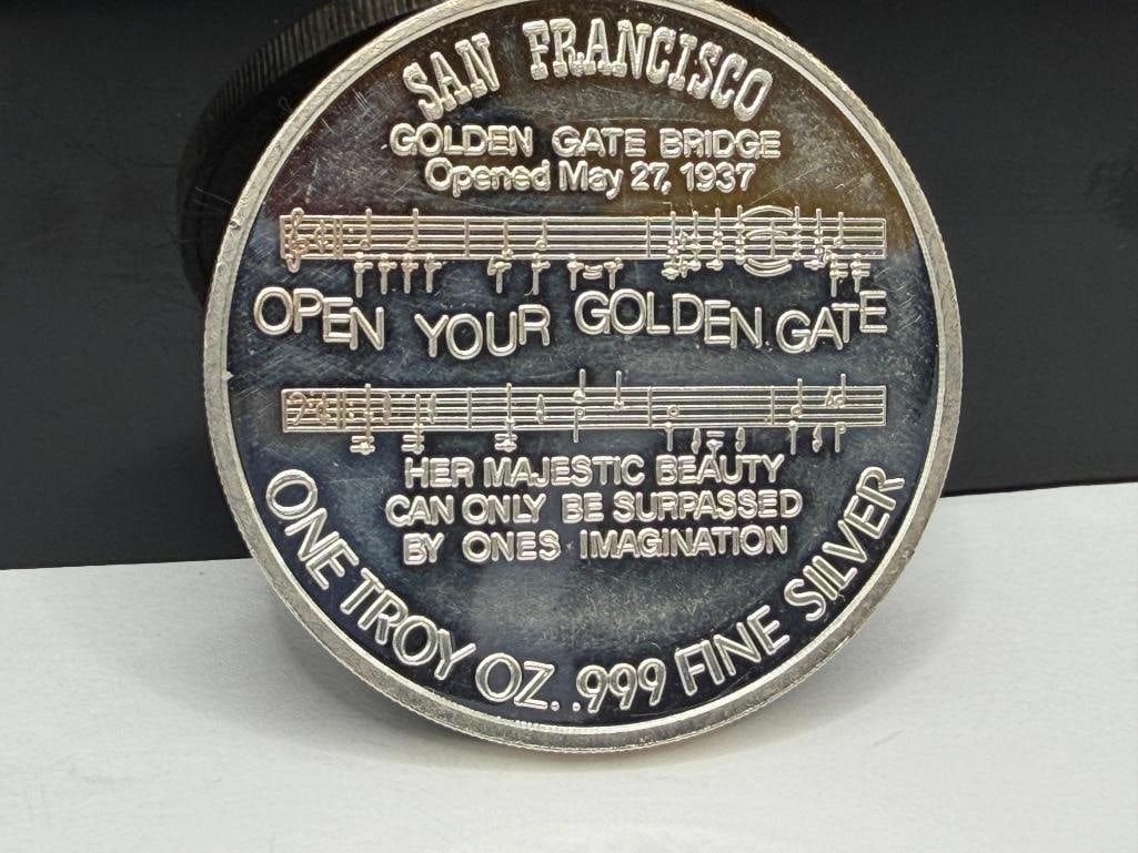 GOLDEN GATE BRIDGE 50TH ANNIVERSARY COMMEMORATIVE .999 FINE SILVER COIN - 5