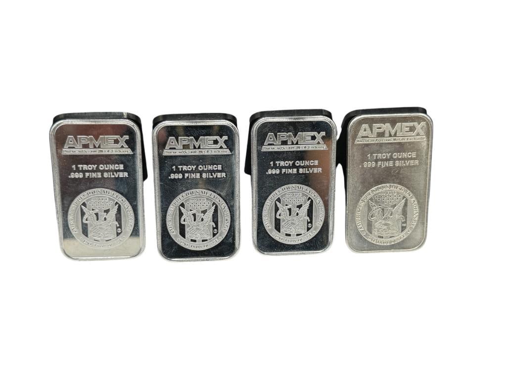 FOUR APMEX .999 FINE SILVER BARS: 1 TROY OUNCE EACH