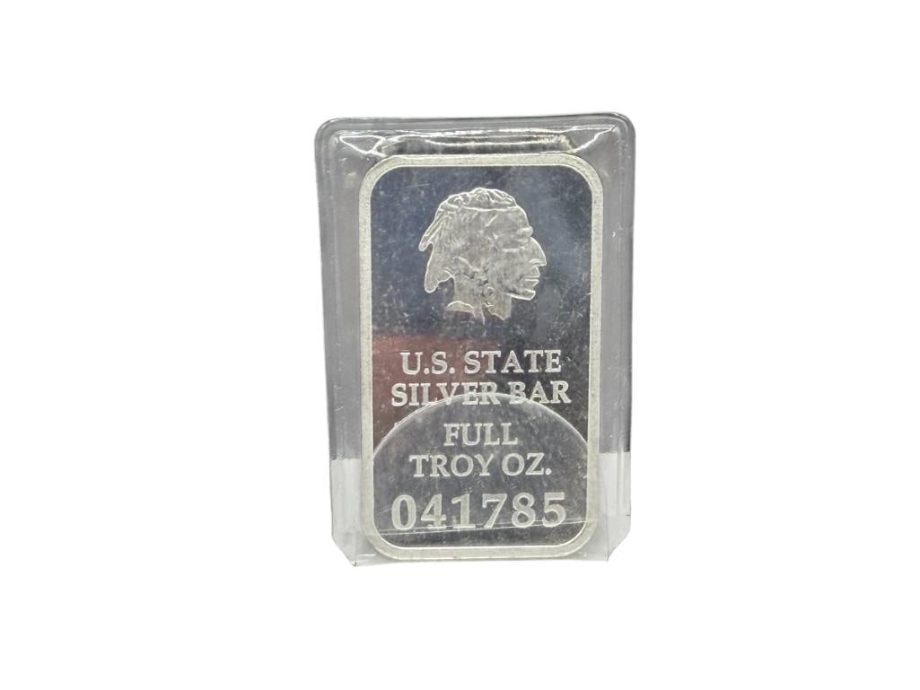 NORTH DAKOTA U.S. STATE INDIAN HEAD DESIGN .999 FINE SILVER BAR: 1 TROY OUNCE