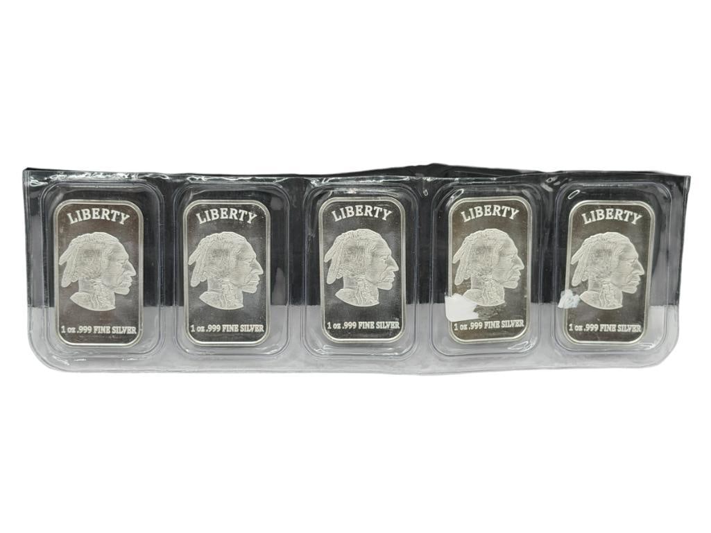 FIVE LIBERTY MINT BUFFALO NICKEL THEMED .999 FINE SILVER BARS IN GOD WE TRUST: 1 TROY OUNCE EACH