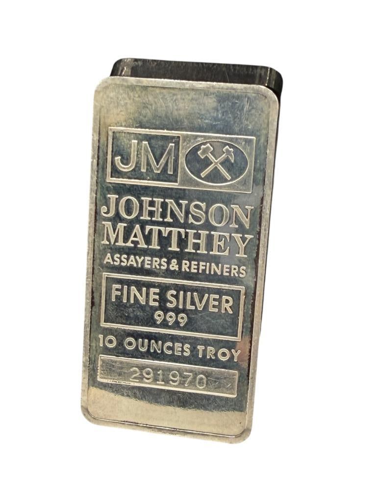 JOHNSON MATTHEY ASSAYERS & REFINERS .999 FINE SILVER 10 TROY OUNCE BAR: 10 TROY OUNCES, 3 1/2"