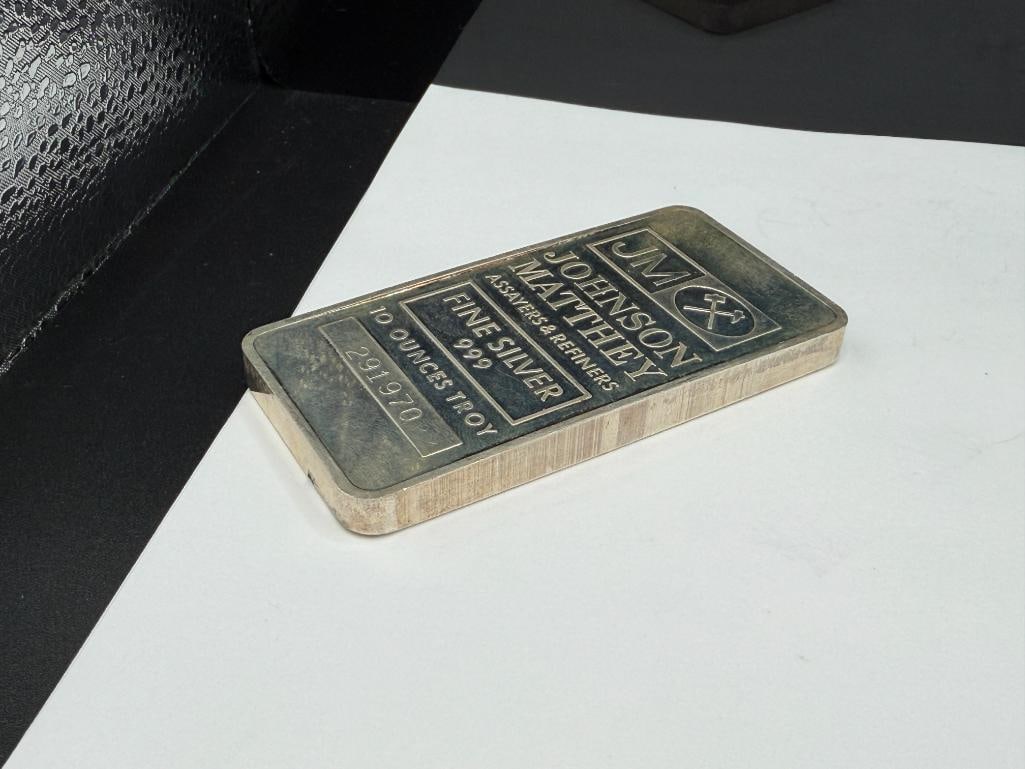 JOHNSON MATTHEY ASSAYERS & REFINERS .999 FINE SILVER 10 TROY OUNCE BAR - 6