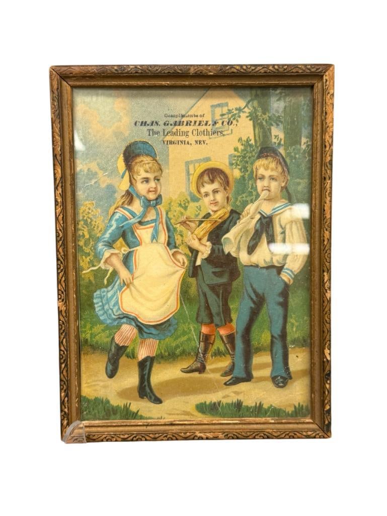 19TH CENTURY CHROMOLITHOGRPAH ADVERTISMENT FROM CHAS. GABRIEL & CO. CLOTHIERS VIRGINIA CITY, NV (1 of 6)