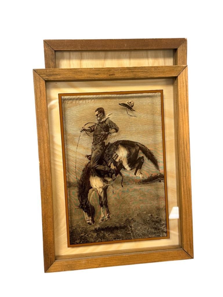 LUCID LINES PHOTOGRAPHY ON GLASS FREDERIC REMINGTON WESTERN ART ON GLASS: TWO LUCID LINES ART ON GLASS ART DEPICTS MAN ON BUCKING BRONC AND RANCHER HERDING CATTLE, ORIGINAL LABELS ON THE BACK, FRAMED 9 3/4" X 13" FRAME