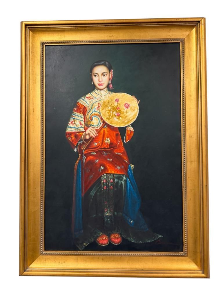 LARGE 20TH CENTURY ORIGINAL OIL ON CANVAS PAINTING OF A CHINESE WOMAN PORTRAIT SIGNED (1 of 11)