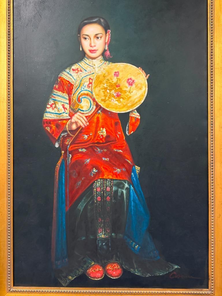 LARGE 20TH CENTURY ORIGINAL OIL ON CANVAS PAINTING OF A CHINESE WOMAN PORTRAIT SIGNED - 2