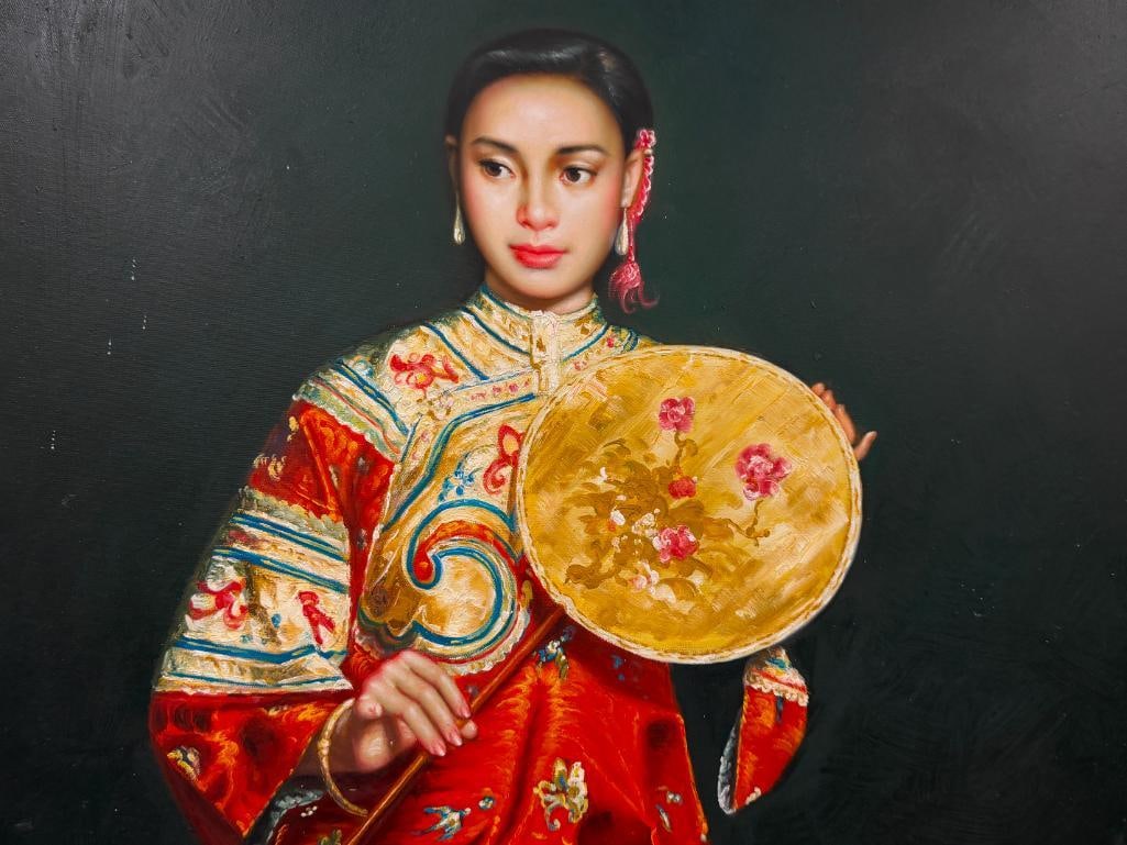LARGE 20TH CENTURY ORIGINAL OIL ON CANVAS PAINTING OF A CHINESE WOMAN PORTRAIT SIGNED - 3