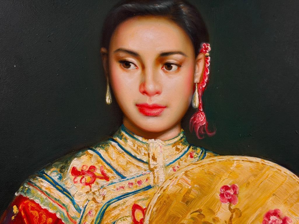 LARGE 20TH CENTURY ORIGINAL OIL ON CANVAS PAINTING OF A CHINESE WOMAN PORTRAIT SIGNED - 4