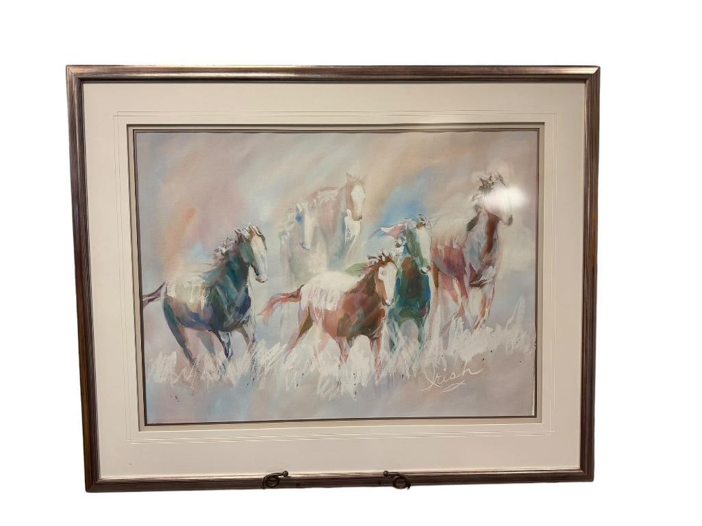 LARGE PRINT OF A WATERCOLOR OF GALLOPING WILD HORSES: PLATE SIGNED, FRAMED 50" X 40 1/2" FRAME