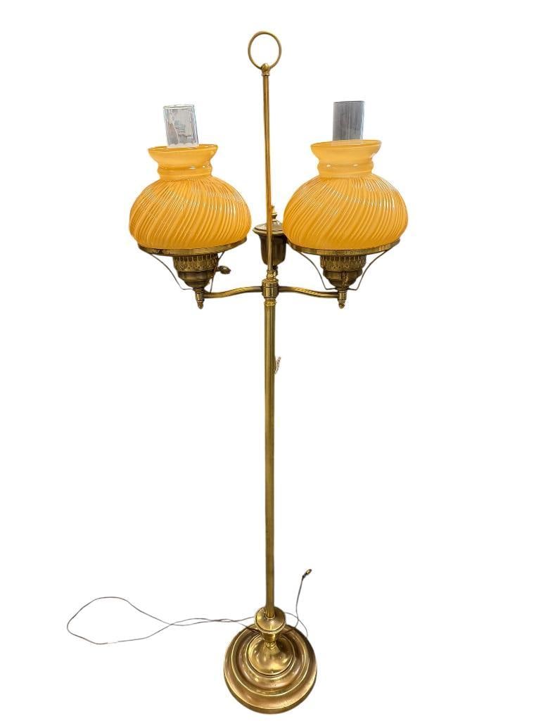 VINTAGE BRASS DOUBLE STUDENT FLOOR LAMP WITH YELLOW SWIRL GLASS SHADES (1 of 8)