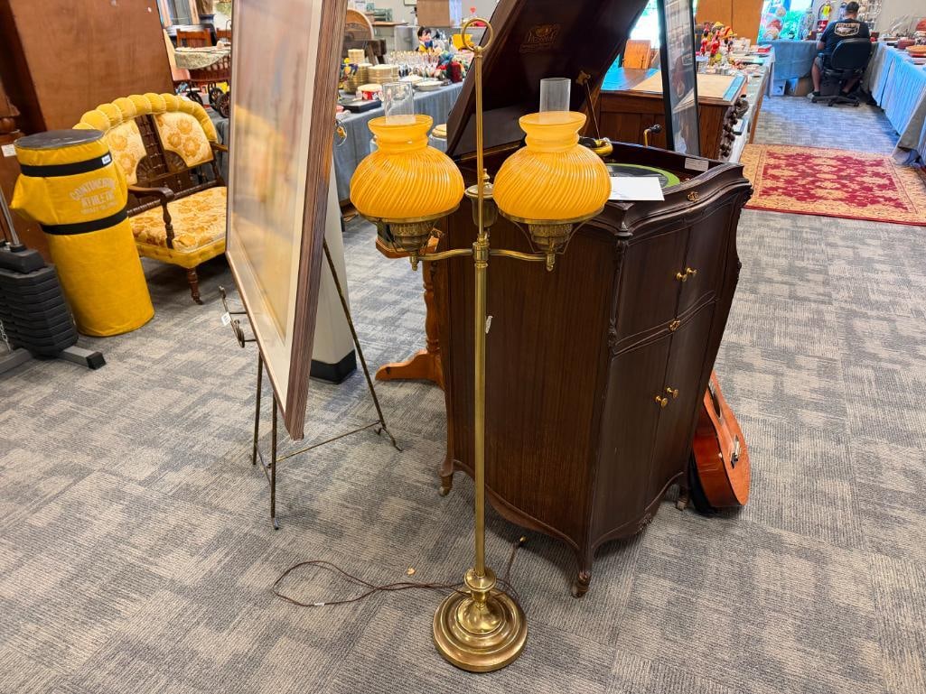 VINTAGE BRASS DOUBLE STUDENT FLOOR LAMP WITH YELLOW SWIRL GLASS SHADES - 2