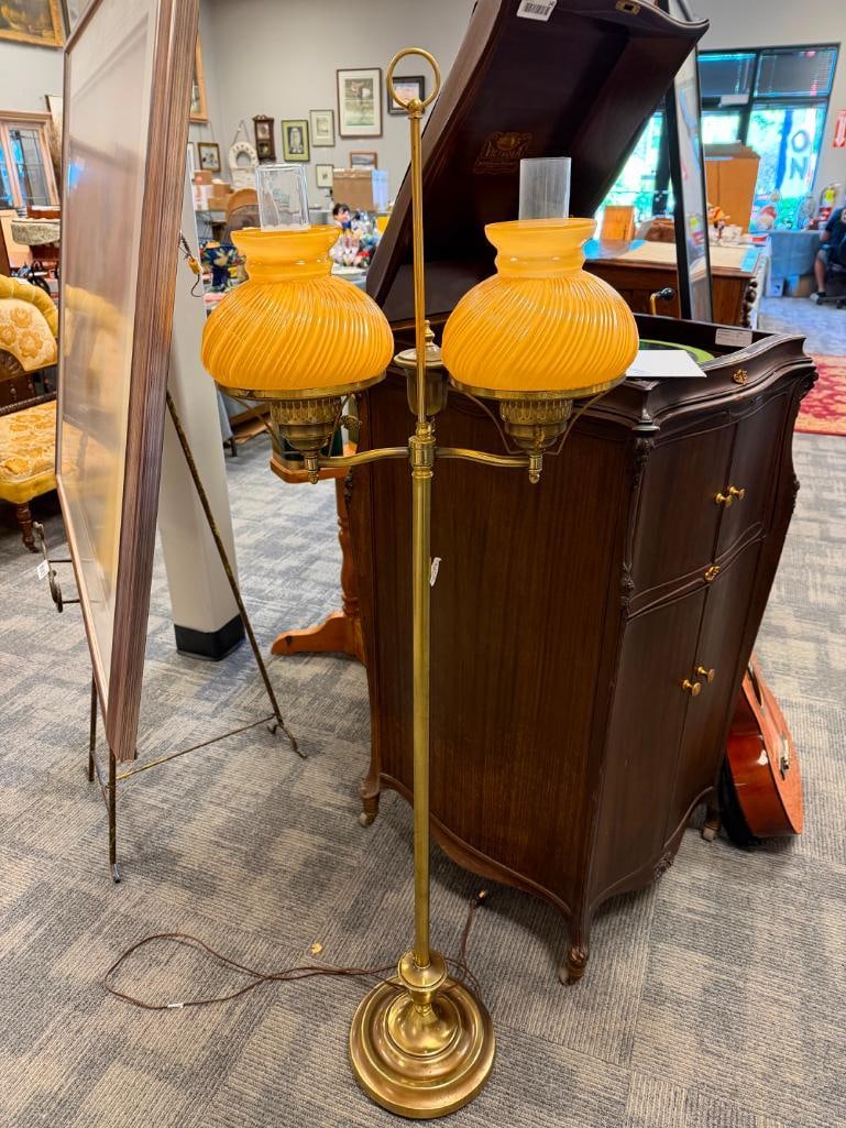 VINTAGE BRASS DOUBLE STUDENT FLOOR LAMP WITH YELLOW SWIRL GLASS SHADES - 3