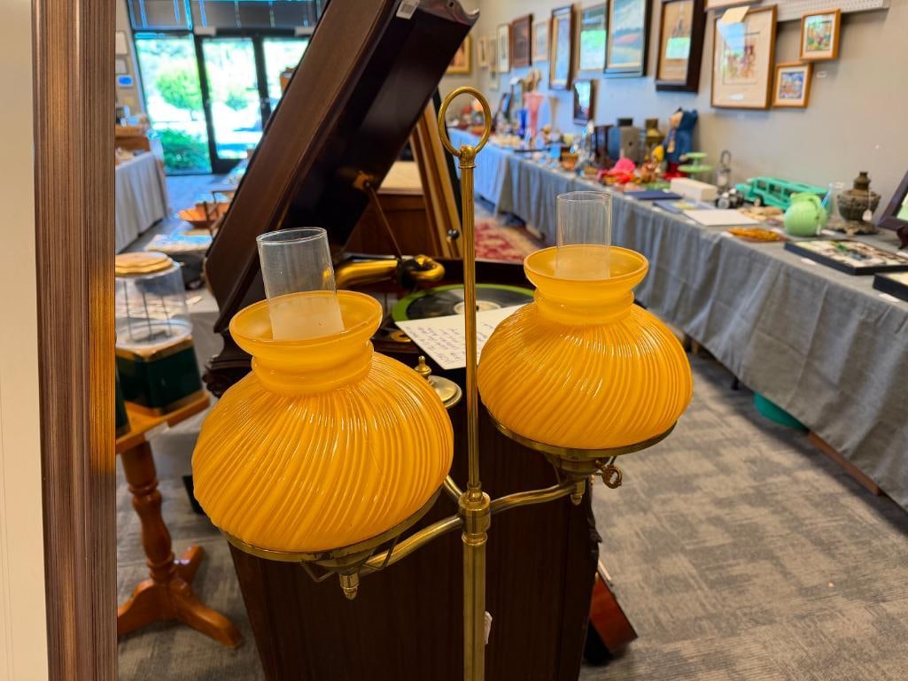 VINTAGE BRASS DOUBLE STUDENT FLOOR LAMP WITH YELLOW SWIRL GLASS SHADES - 4