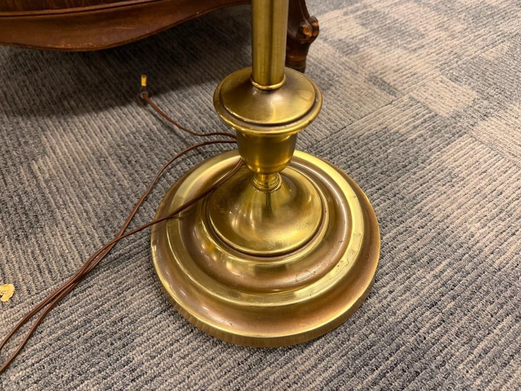 VINTAGE BRASS DOUBLE STUDENT FLOOR LAMP WITH YELLOW SWIRL GLASS SHADES - 6