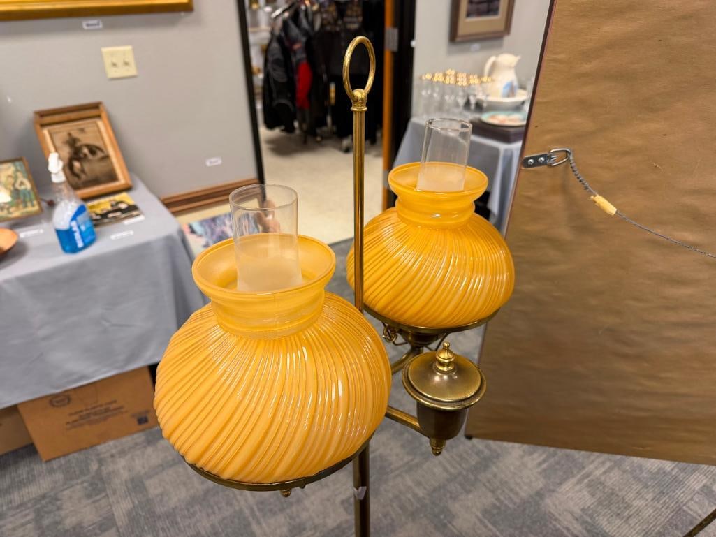 VINTAGE BRASS DOUBLE STUDENT FLOOR LAMP WITH YELLOW SWIRL GLASS SHADES - 7