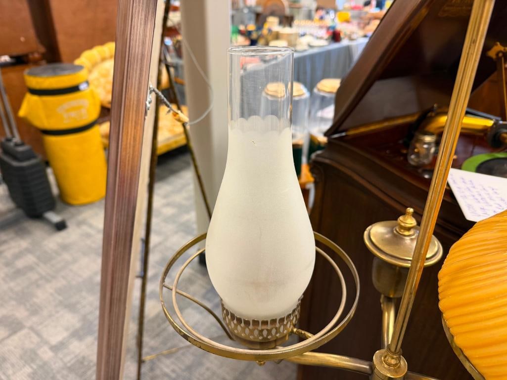 VINTAGE BRASS DOUBLE STUDENT FLOOR LAMP WITH YELLOW SWIRL GLASS SHADES - 8