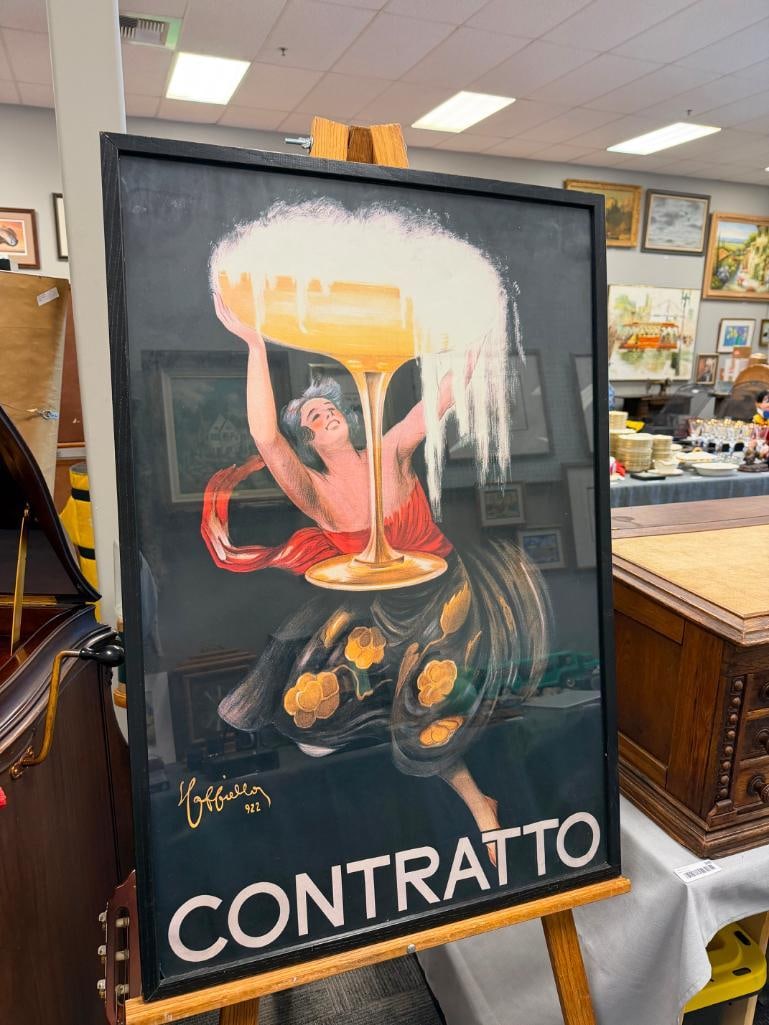 REPRODUCTION VINTAGE ITALIAN ADVERTISING POSTER BY LEONETTO CAPPIELLO FOR CONTRATTO SPARKLING WINE: 25" X 37" FRAME