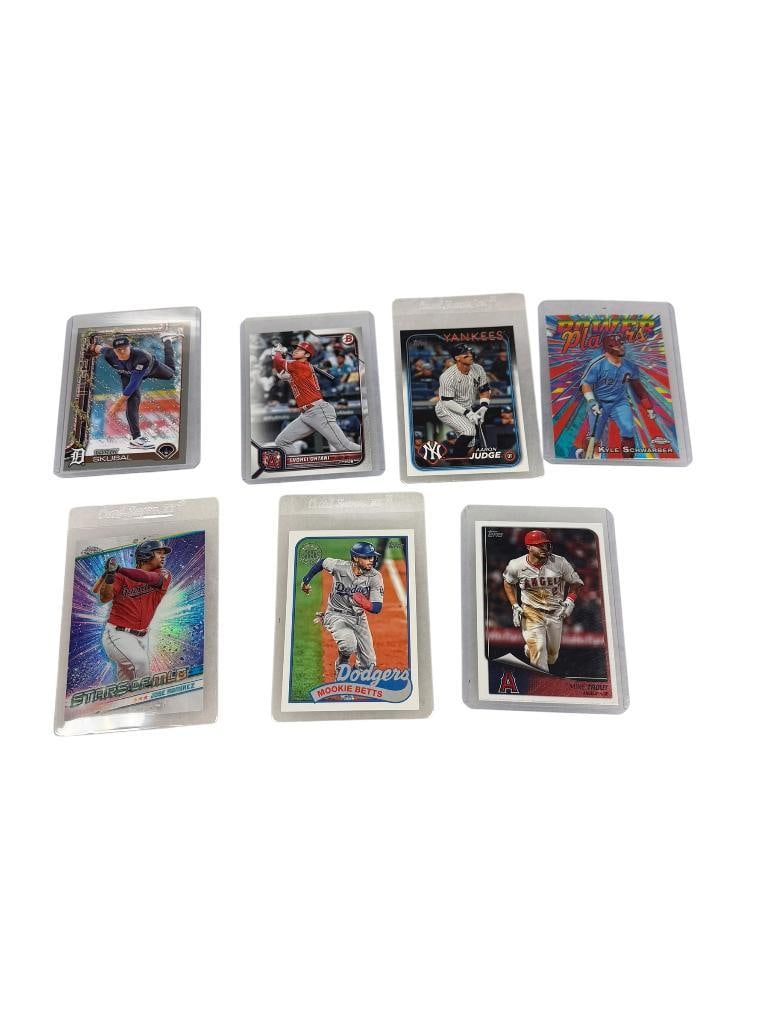 FUTURE HALL OF FAMERS BASEBALL CARDS SHOHEI OHTANI, MIKE TROUT, AARON JUDGE, JOSE RAMIREZ: MOOKIE BETTS, TARIK SKUBAL, KYLE SCHWARBER, 2022, 2024, 2025 TOPP, ALL IN PROTECTIVE SLEEVES