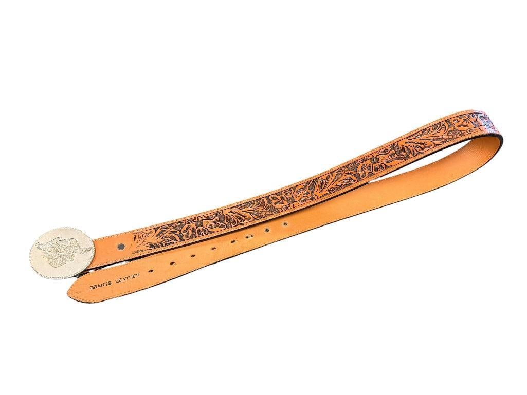 GRANTS LEATHER TOOLED BROWN LEATHER BELT WITH HARLEY DAVIDSON MOTORCYCLES BUCKLE (1 of 6)