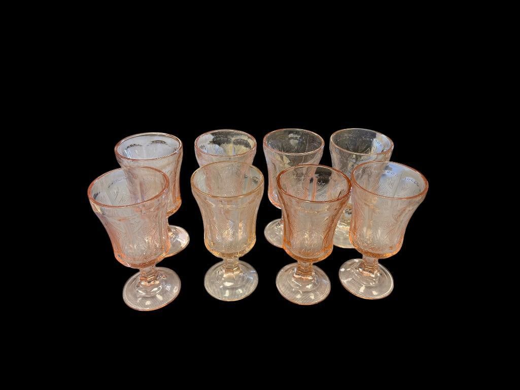 VINTAGE INDIANA GLASS CO. RECOLLECTION WATER GOBLET IN PINK MADRID PATTERN SET OF EIGHT (1 of 9)
