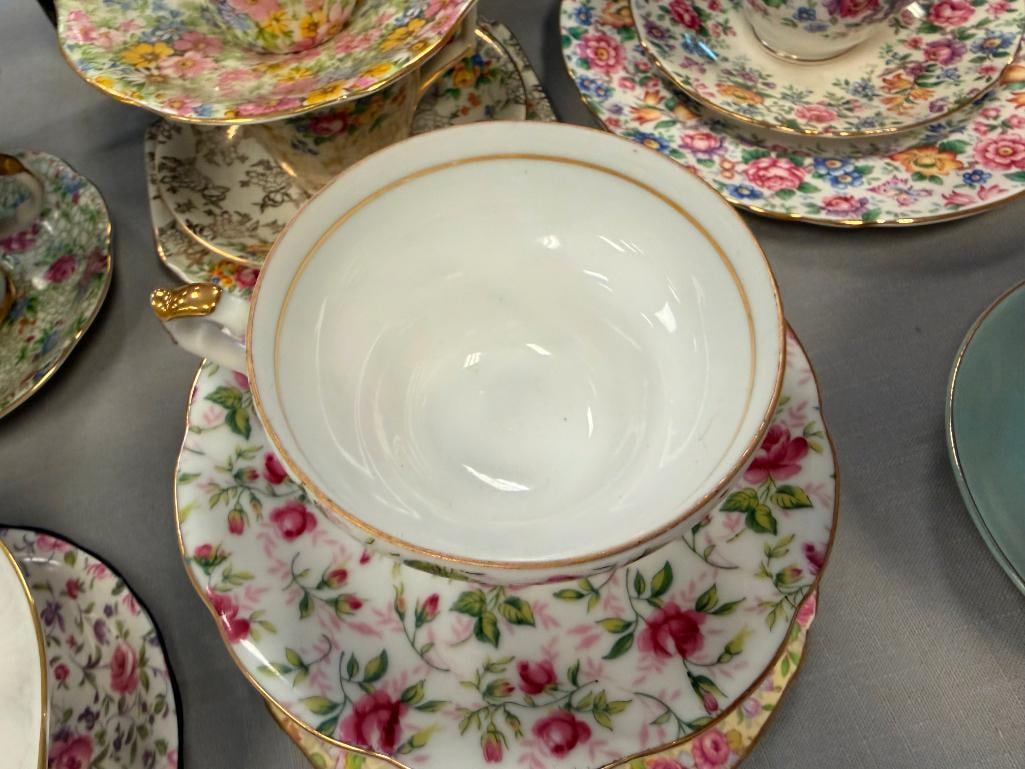 14 TEA CUP AND SAUCERS SETS MOSTLY ENGLISH MADE AYNSLEY, SHELLEY, LEFTON, LENOX, CLARENCE - 11
