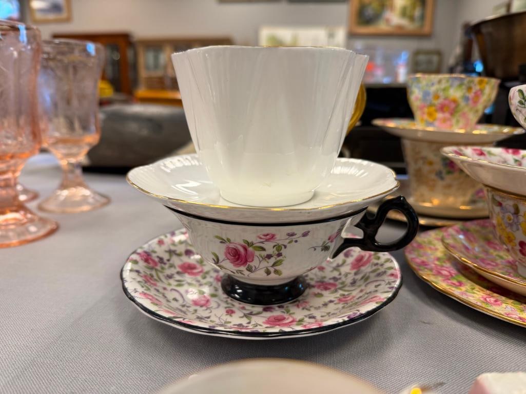 14 TEA CUP AND SAUCERS SETS MOSTLY ENGLISH MADE AYNSLEY, SHELLEY, LEFTON, LENOX, CLARENCE - 13